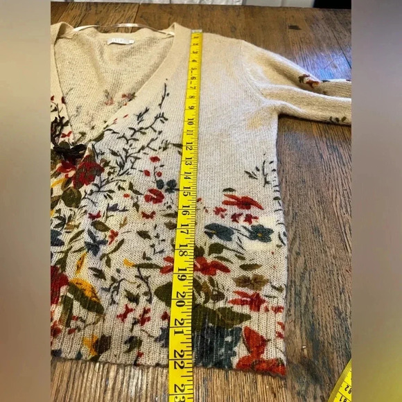 #101 JACQUELINE RIU Tan & flowers pattern cardigan blend wool & mohair size XL - Picture 4 of 11